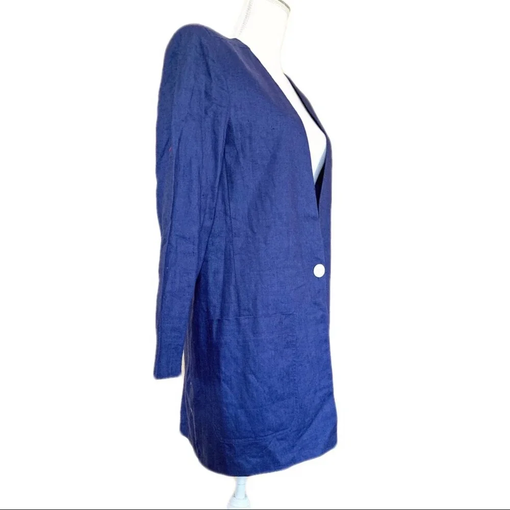 Vintage Christian Dior Blue Linen Long Blazer Jacket 12 lagenlook patch pockets